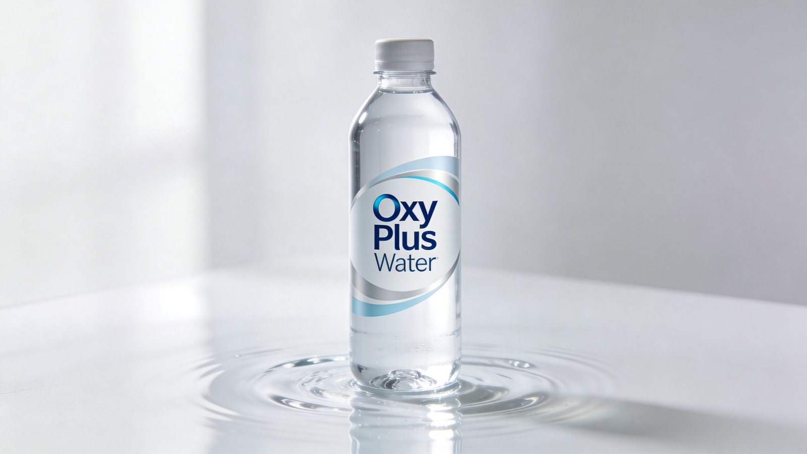 A clear plastic bottle of Oxy Plus Water resting on a reflective surface with water ripples.