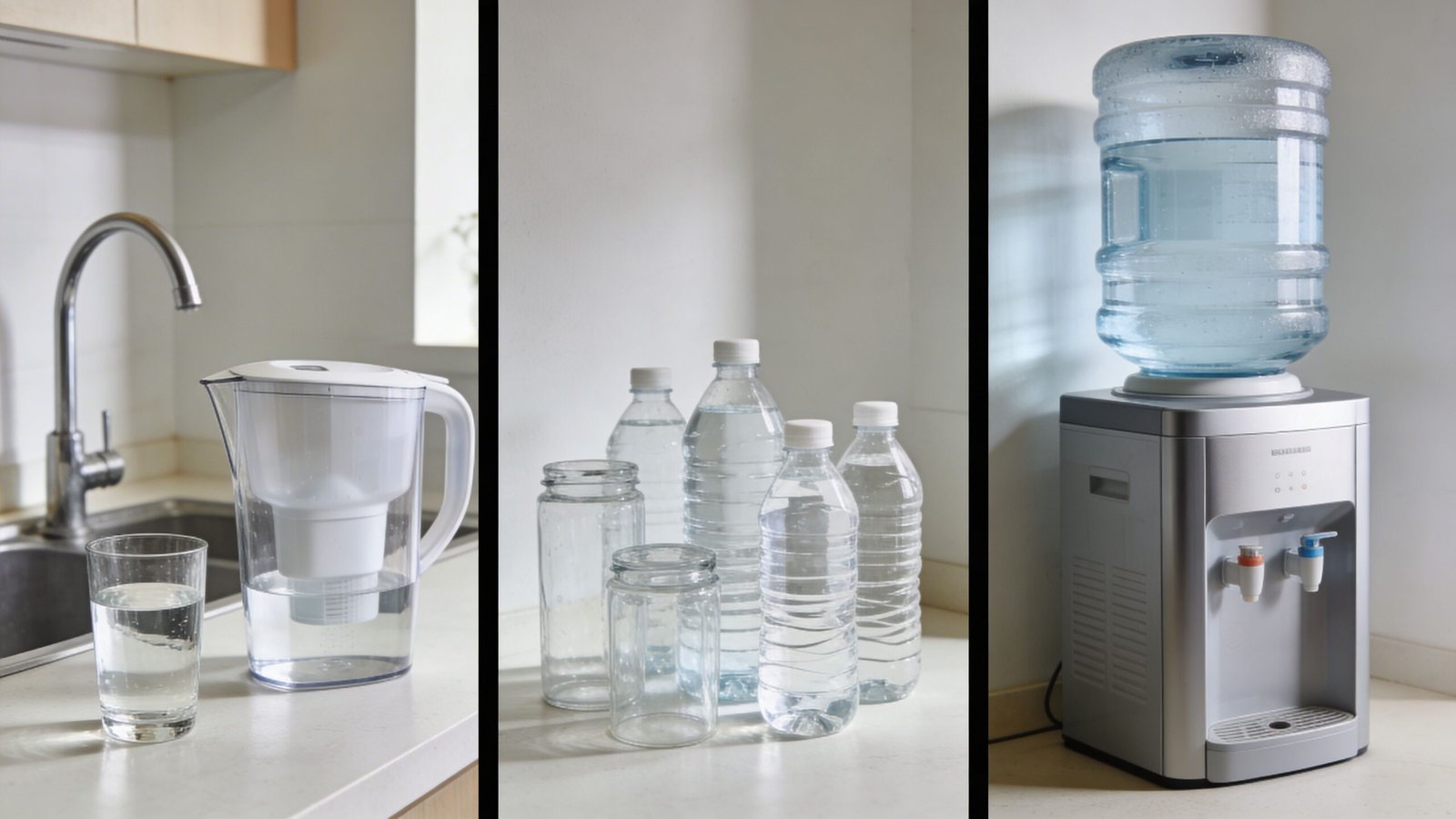 A composite image showing three different methods of storing water in a kitchen environment.