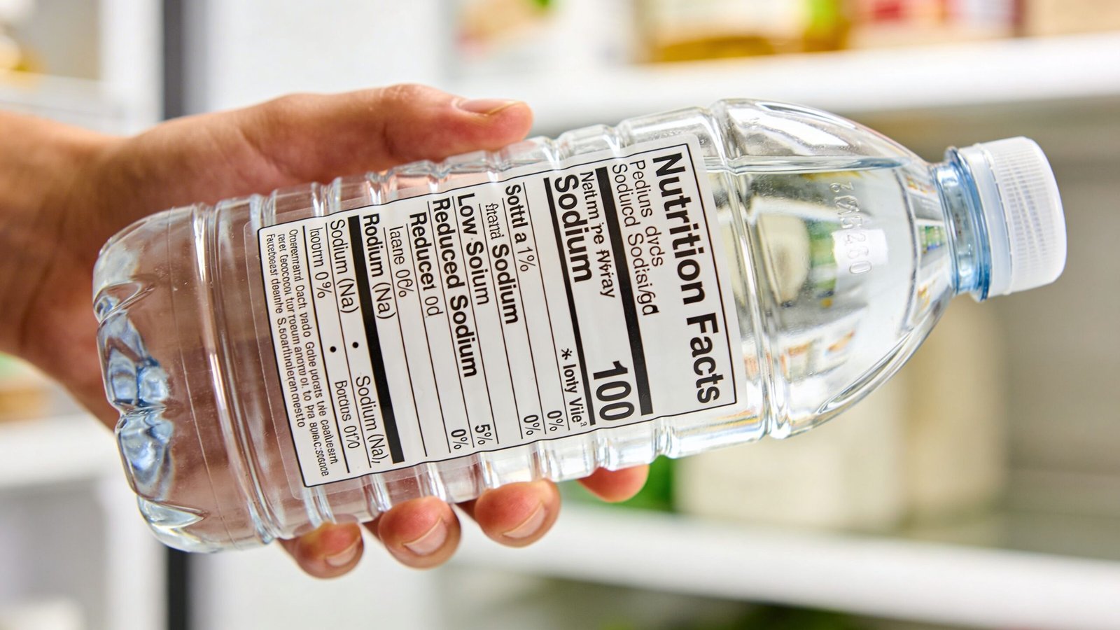 A hand holding a clear plastic water bottle with a nutrition facts label showing zero sodium content.