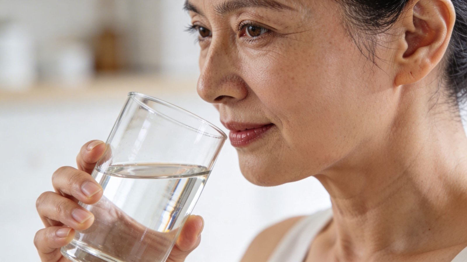 A middle-aged Asian woman thoughtfully holding and sipping a clear glass of fresh drinking water.
